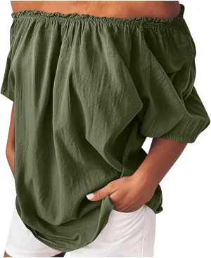 Womens Off Shoulder Tops Linen Cotton Tunic Tops Long Sleeves Ruffle Balloon Sleeve Shirts Summer Casual Blouses