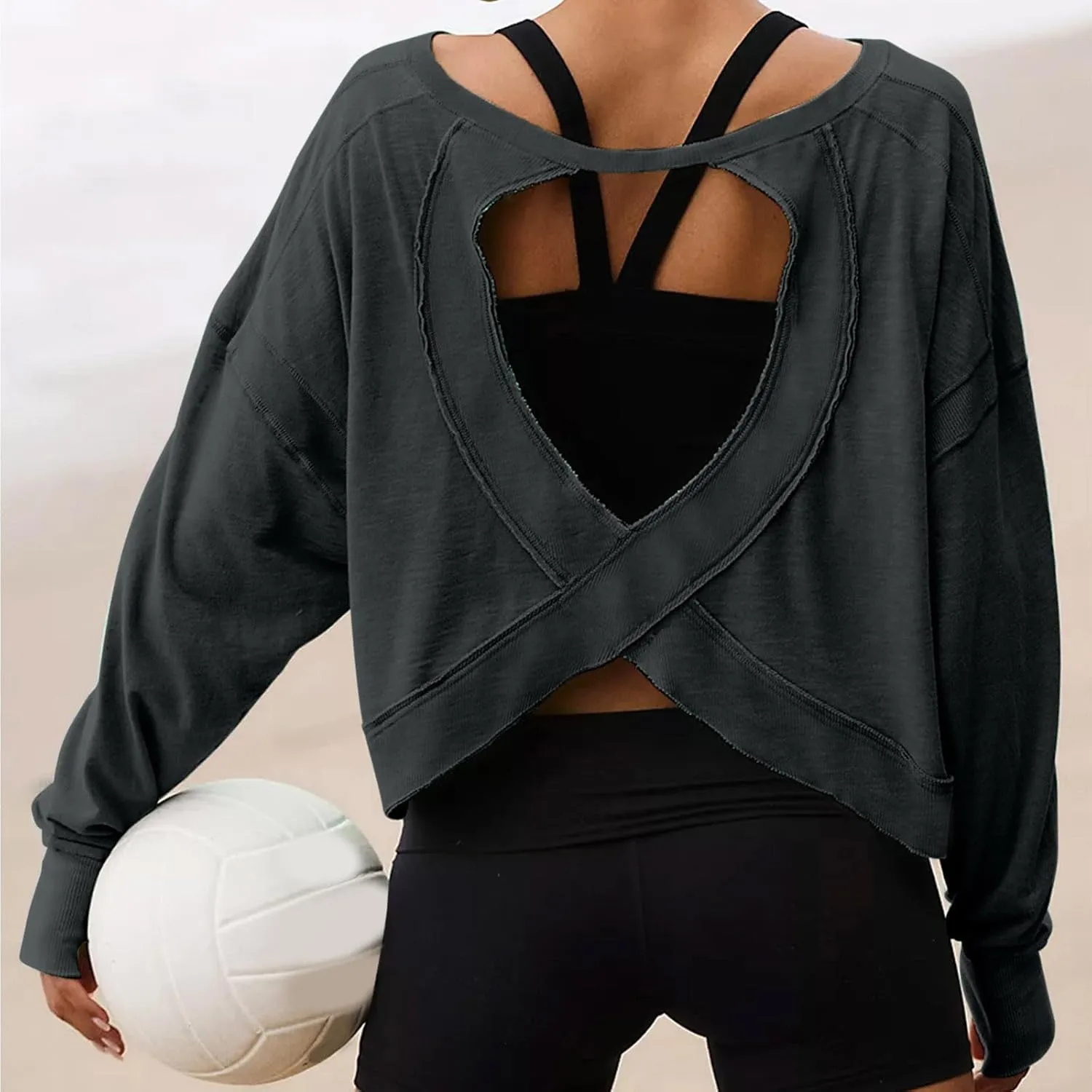 Womens Open Back Workout Tops Long Sleeve Athletic Tshirt Casual Trendy Y2k Shirt Loose Gym Running Yoga Crop Tee Top