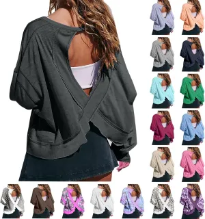 Womens Open Back Workout Tops Long Sleeve Athletic Tshirt Casual Trendy Y2k Shirt Loose Gym Running Yoga Crop Tee Top