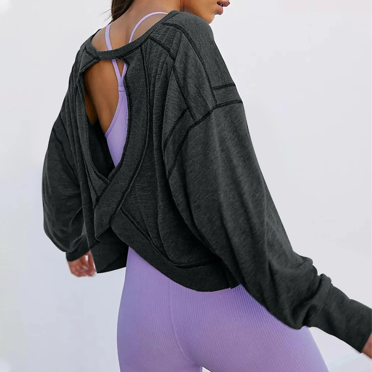 Womens Open Back Workout Tops Long Sleeve Athletic Tshirt Casual Trendy Y2k Shirt Loose Gym Running Yoga Crop Tee Top