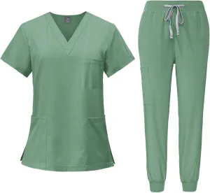 Women's V-Neck Stretch Fit Scrub Top & Jogger Scrubs Pants Multi Pocket Medical Nurse Uniforms Set